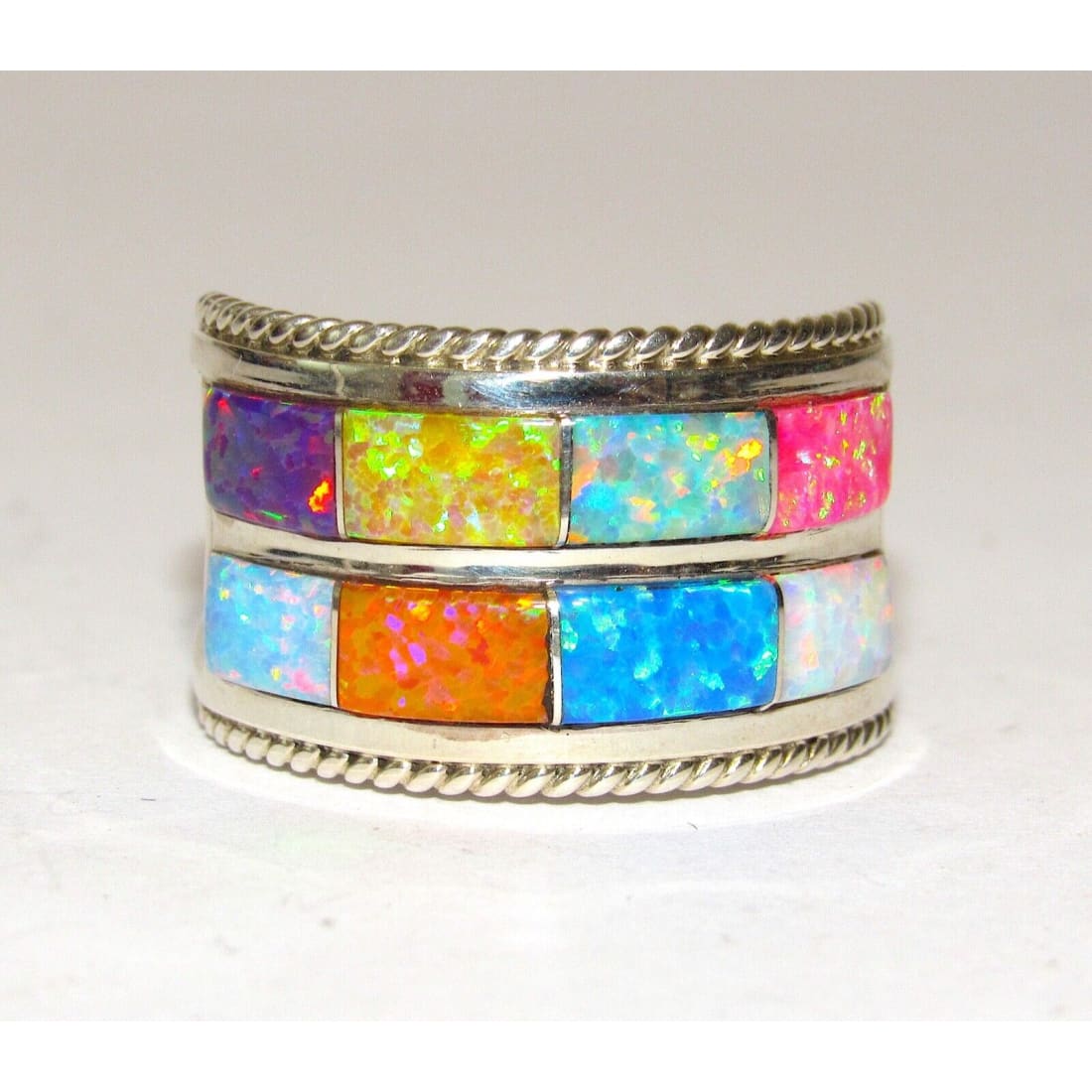 Navajo Multi Color Opal Inlay Ring Size 7.5 Sterling Silver