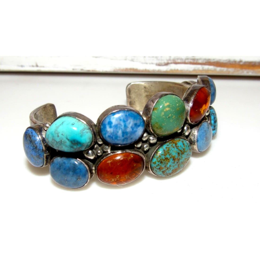 Navajo Number 8 Turquoise Amber Lapis Sterling Statement 
