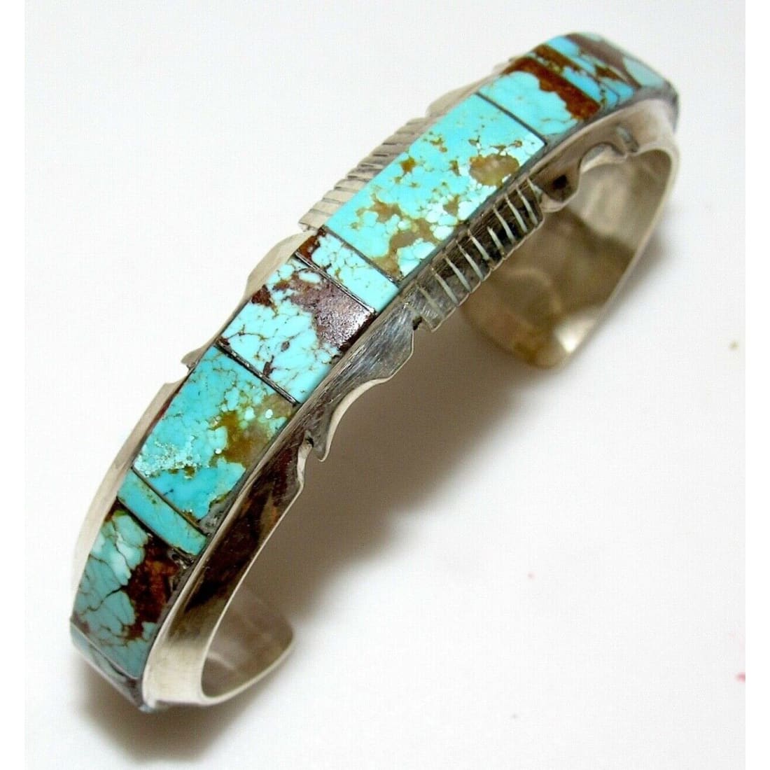 Navajo Number 8 Turquoise Inlay Cuff Bracelet Sterling 