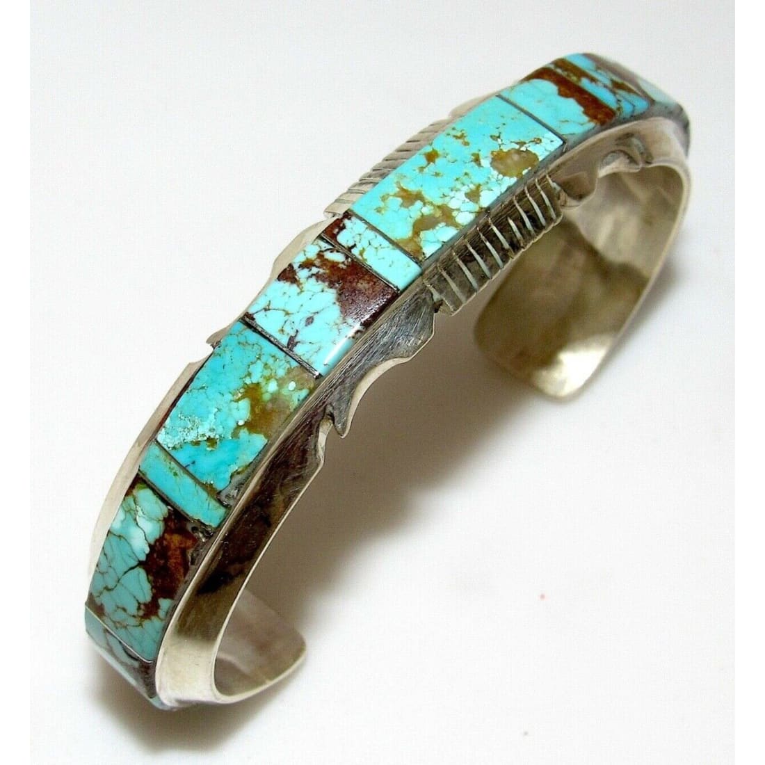 Navajo Number 8 Turquoise Inlay Cuff Bracelet Sterling 