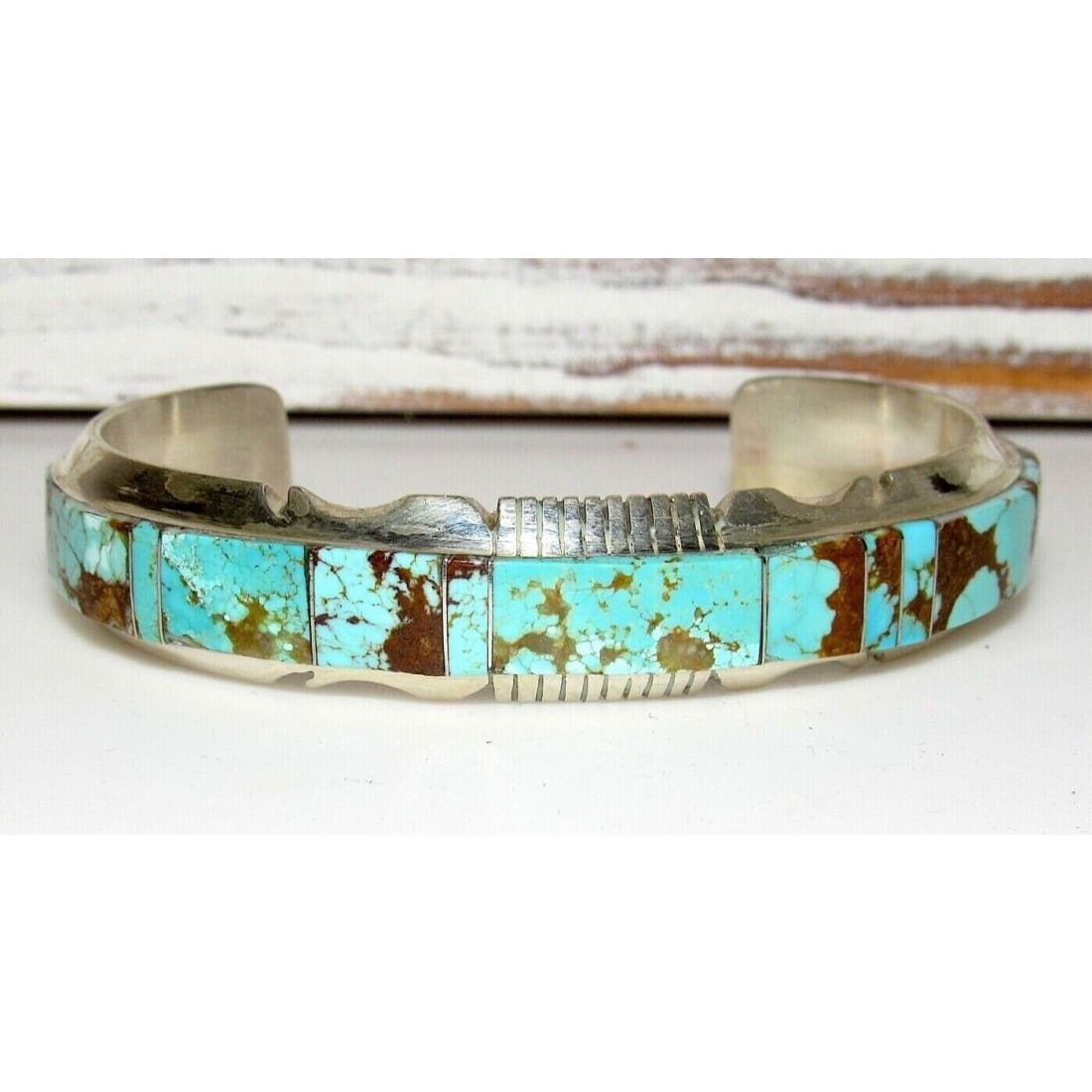 Navajo Number 8 Turquoise Inlay Cuff Bracelet Sterling 