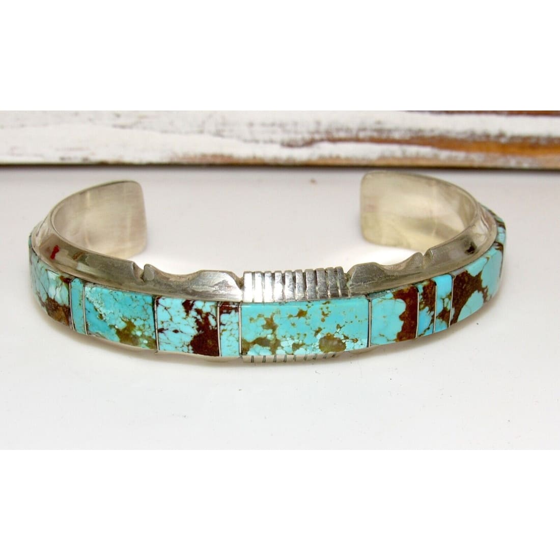 Navajo Number 8 Turquoise Inlay Cuff Bracelet Sterling 