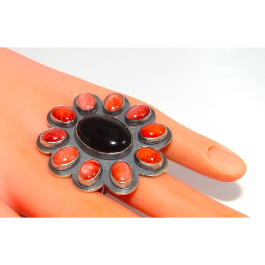 Navajo Onyx Orange Spiny Cluster Ring Sz 8 Sterling Silver 