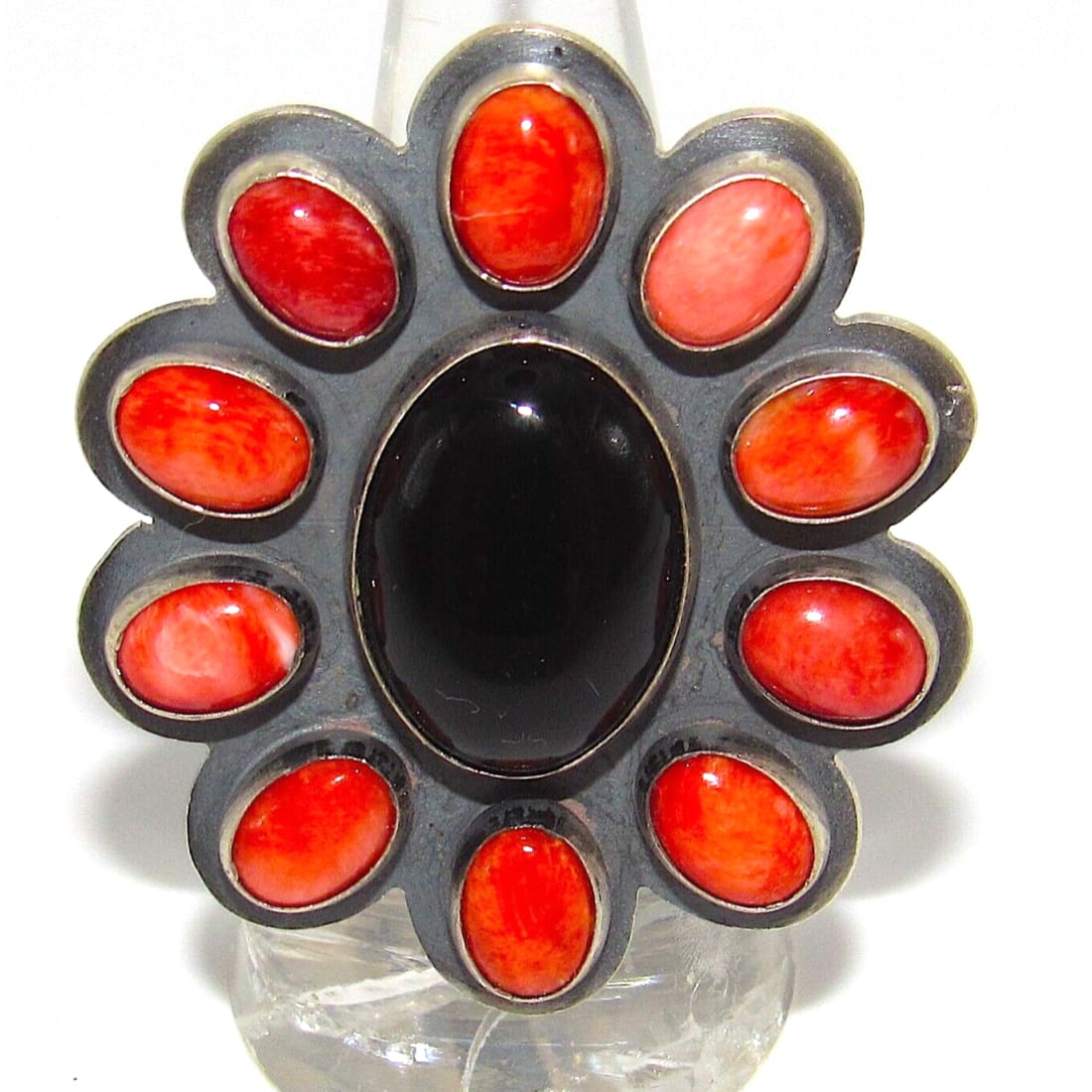 Navajo Onyx Orange Spiny Cluster Ring Sz 8 Sterling Silver 