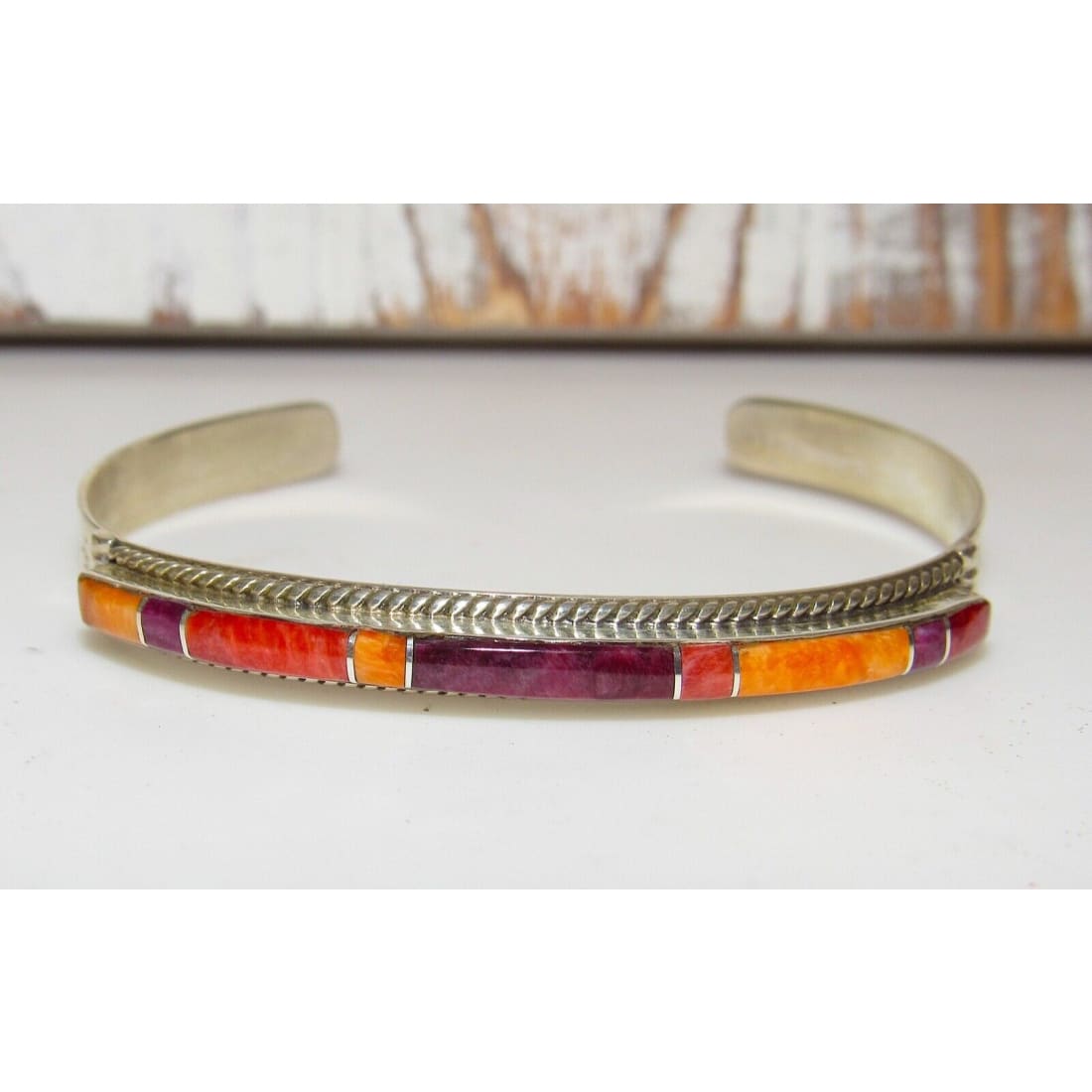 Navajo Orange Purple Spiny Inlay Stacker Cuff Bracelet 