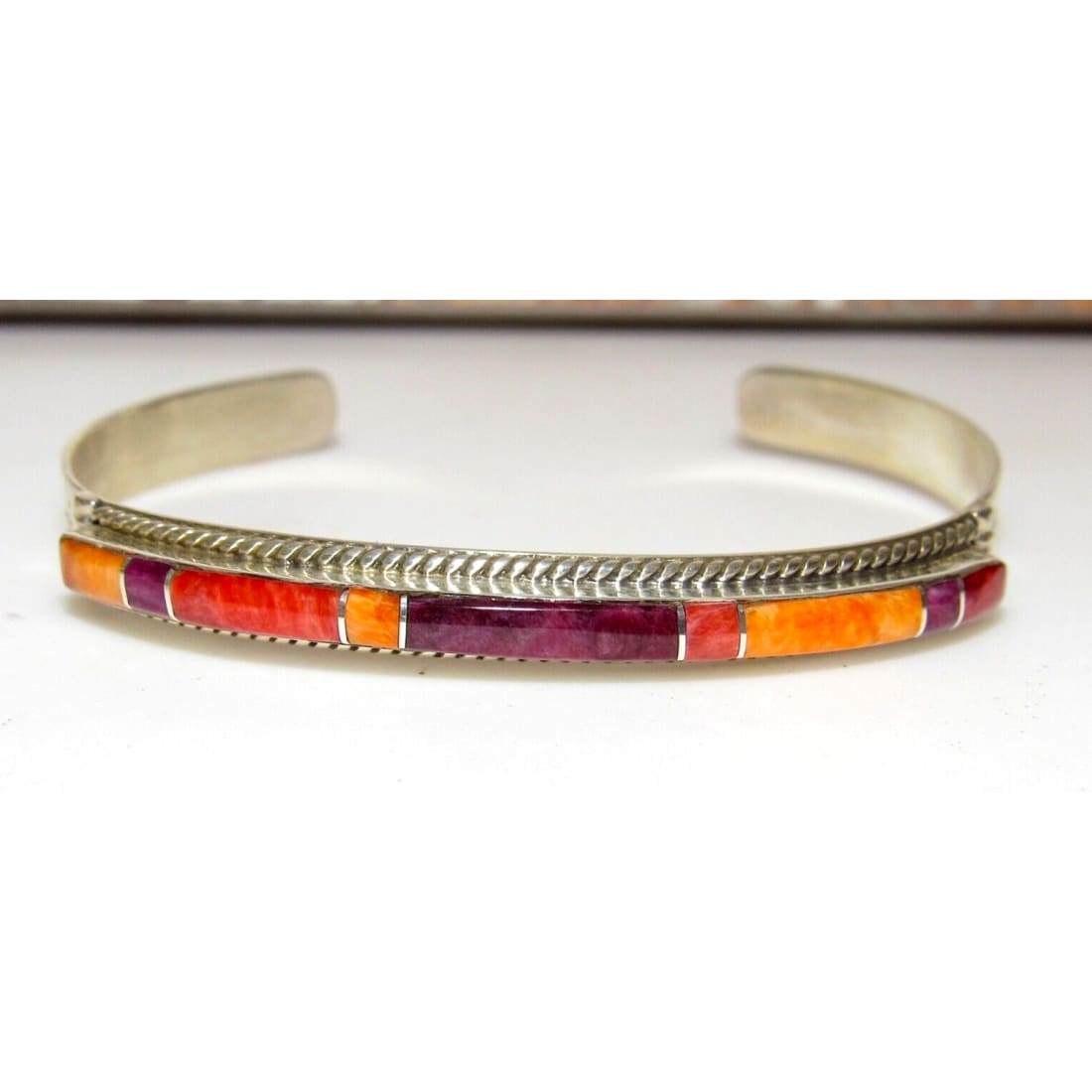 Navajo Orange Purple Spiny Inlay Stacker Cuff Bracelet 