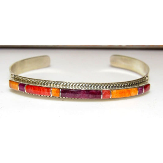 Navajo Orange Purple Spiny Inlay Stacker Cuff Bracelet 