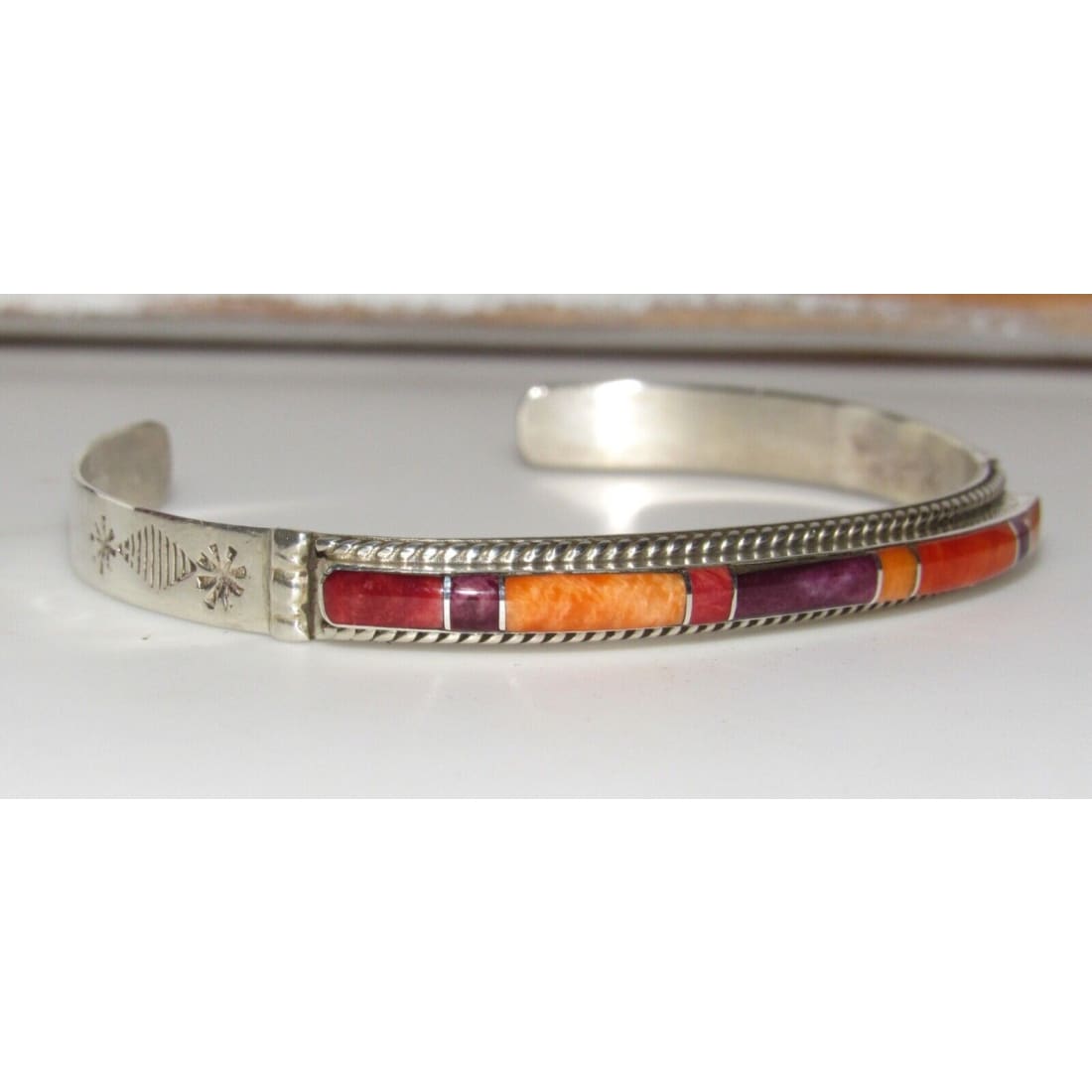Navajo Orange Purple Spiny Inlay Stacker Cuff Bracelet 