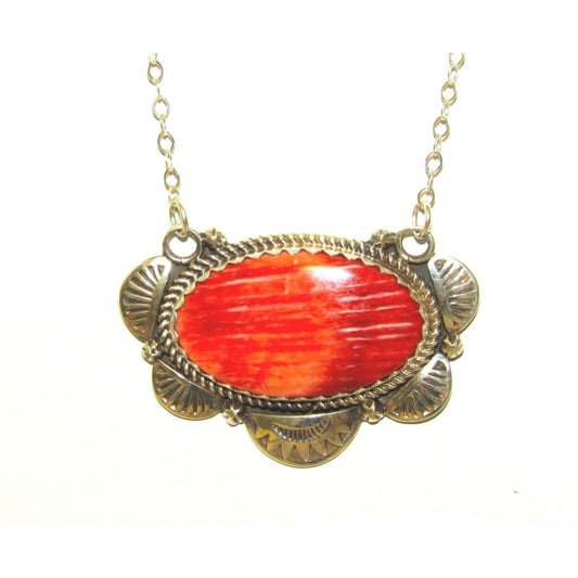 Navajo Orange Spiny Bar Necklace Sterling Silver Native 