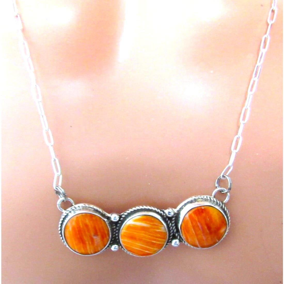 Navajo Orange Spiny Bar Necklace Sterling Silver Native
