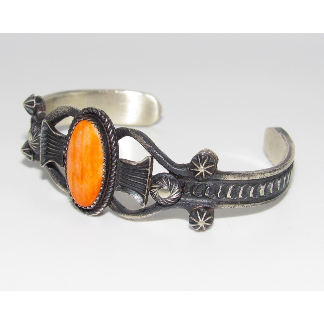 Navajo Orange Spiny Cuff Bracelet Sand Cast Sterling Silver 