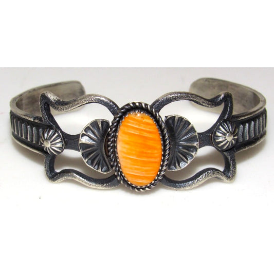 Navajo Orange Spiny Cuff Bracelet Sand Cast Sterling Silver K Billah Native American