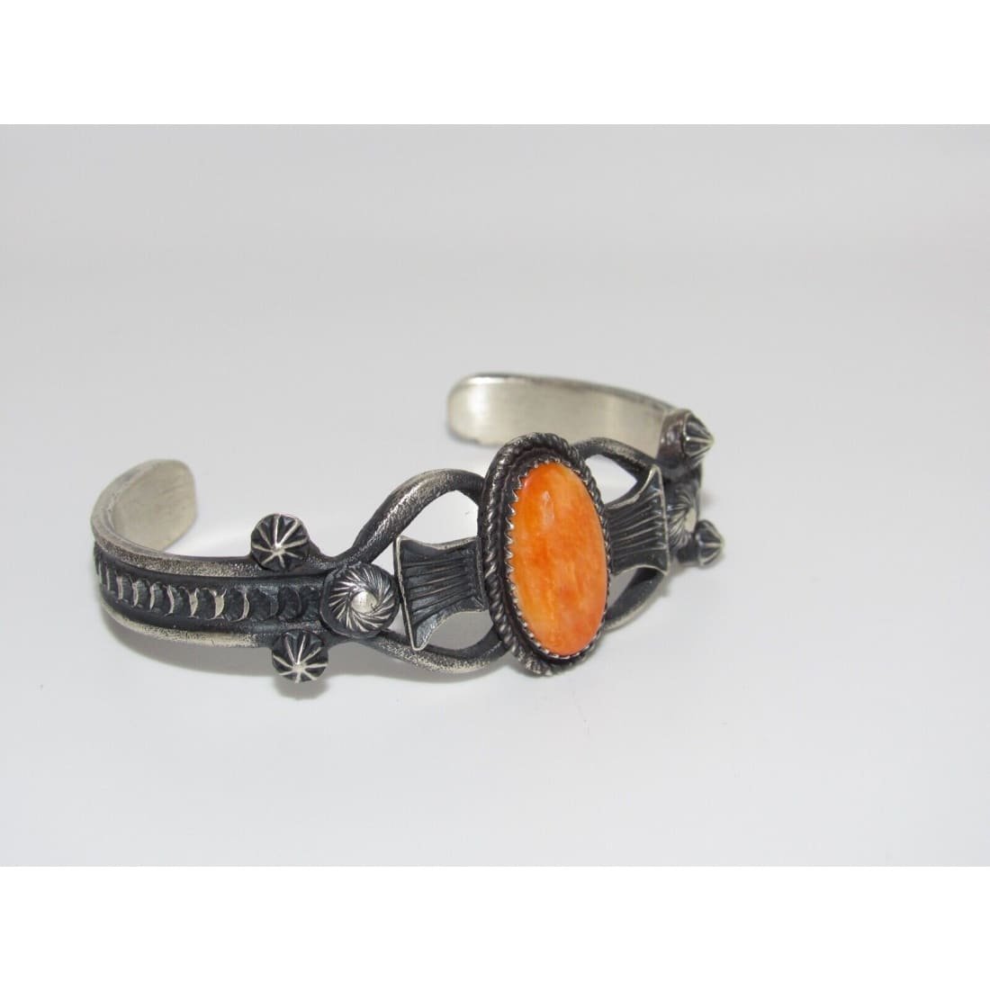 Navajo Orange Spiny Cuff Bracelet Sand Cast Sterling Silver 