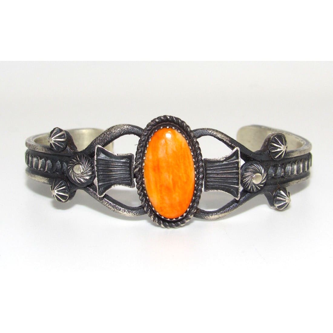 Navajo Orange Spiny Cuff Bracelet Sand Cast Sterling Silver 