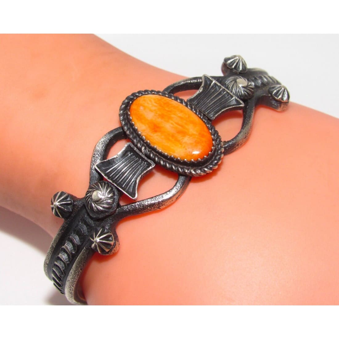 Navajo Orange Spiny Cuff Bracelet Sand Cast Sterling Silver 
