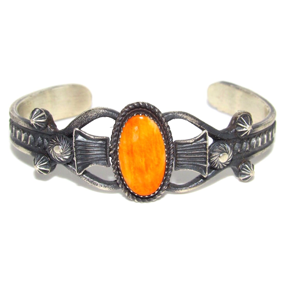 Navajo Orange Spiny Cuff Bracelet Sand Cast Sterling Silver 