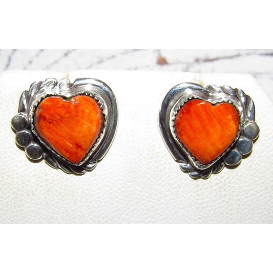 Navajo Orange Spiny Heart Stud Earrings Sterling Silver