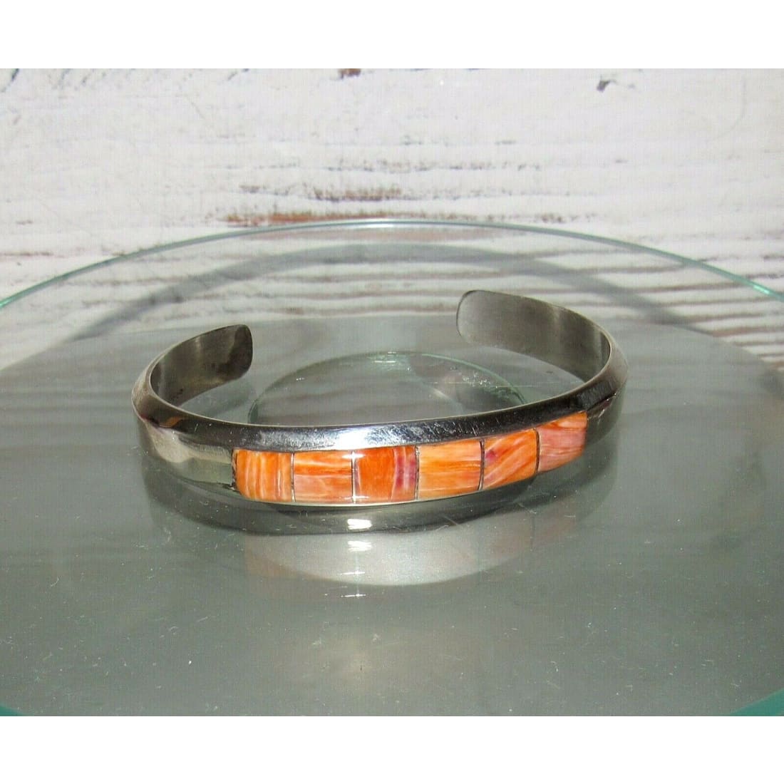 Navajo Orange Spiny Inlay Stacker Cuff Bracelet Sterling Native American Signed Native American