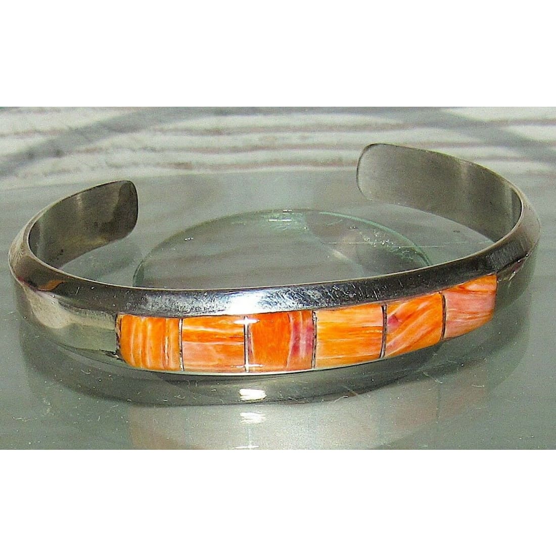 Navajo Orange Spiny Inlay Stacker Cuff Bracelet Sterling Native American Signed Native American