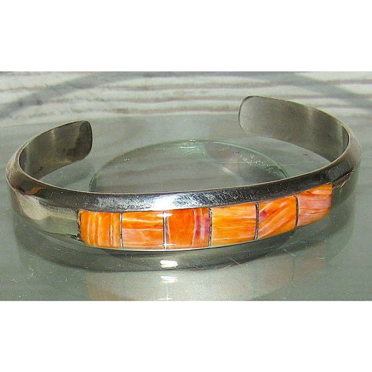 Navajo Orange Spiny Inlay Stacker Cuff Bracelet Sterling Native American Signed Native American