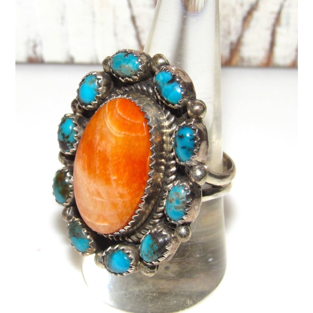 Navajo Orange Spiny Kingman Turquoise Cluster Ring Sz 9. 5 
