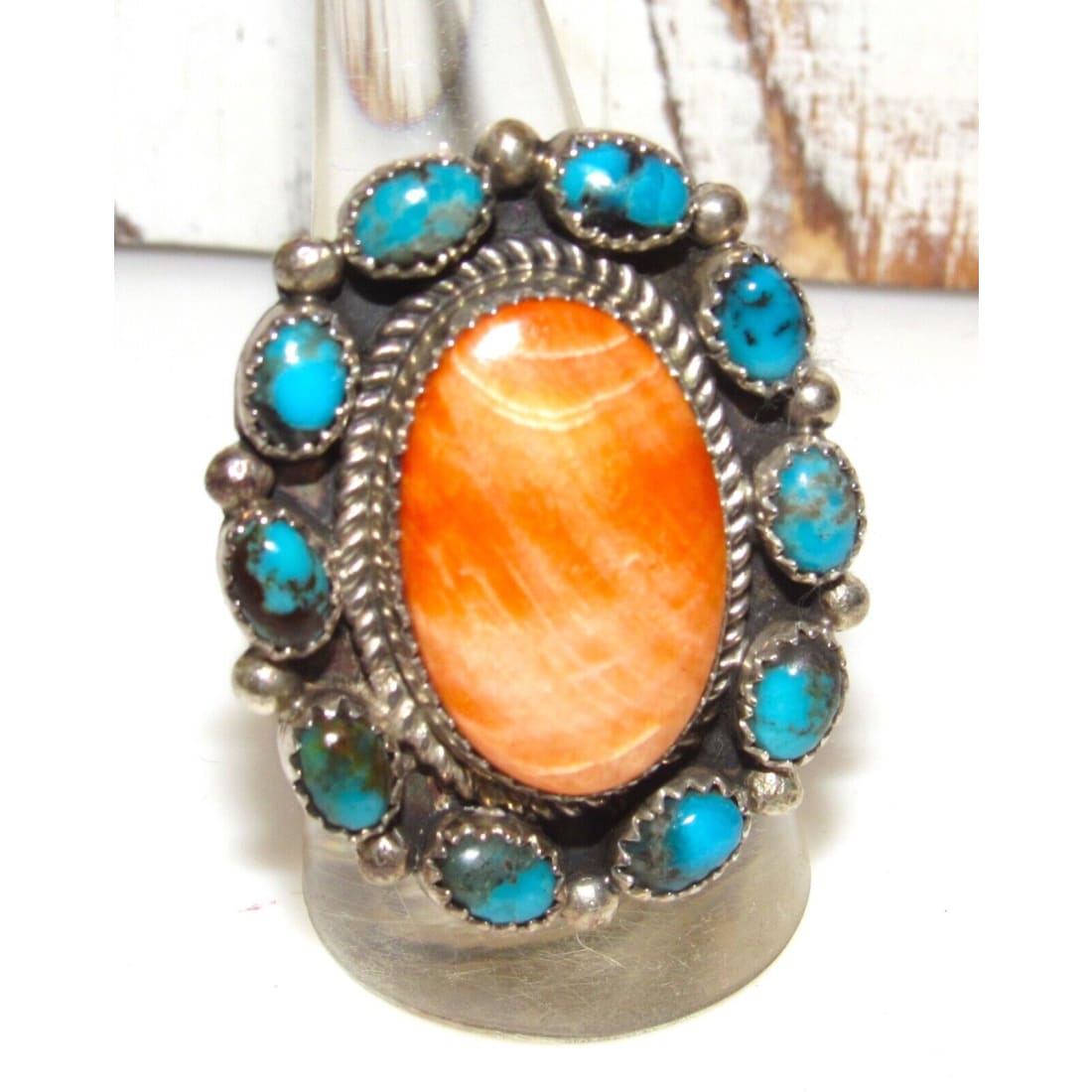 Navajo Orange Spiny Kingman Turquoise Cluster Ring Sz 9. 5 