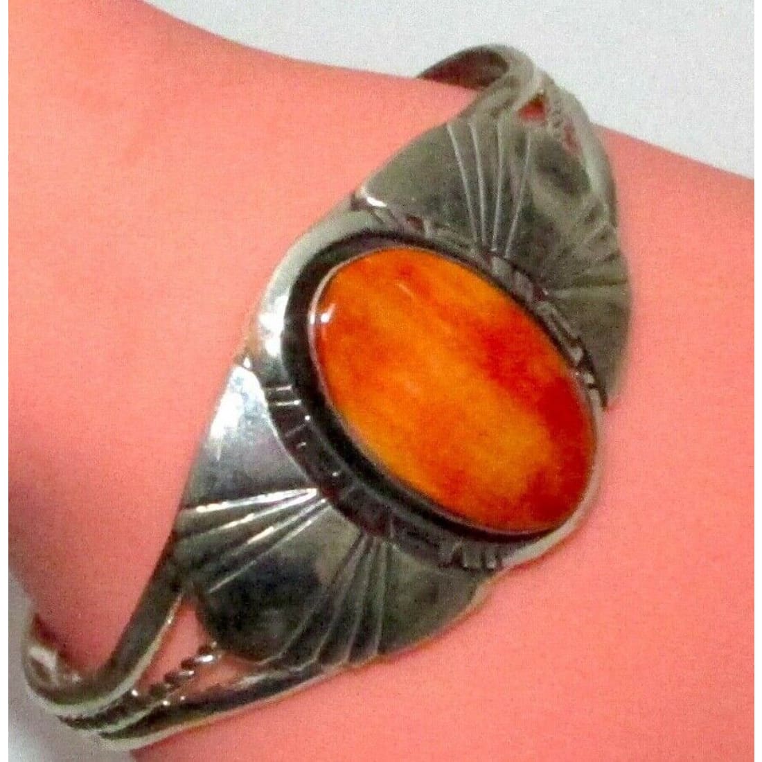 Navajo Orange Spiny Oyster Bracelet Sterling Silver Native 