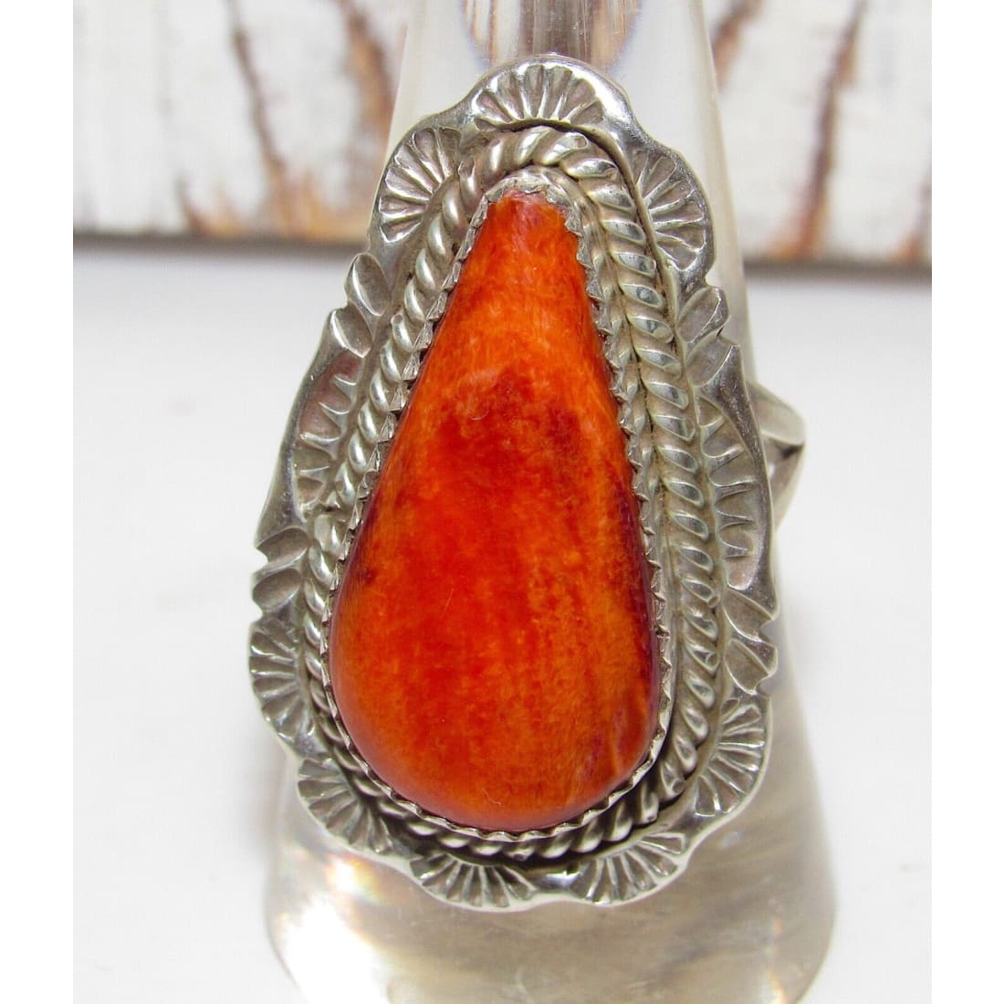 Navajo Orange Spiny Ring Size 8.5 Sterling Silver Native 