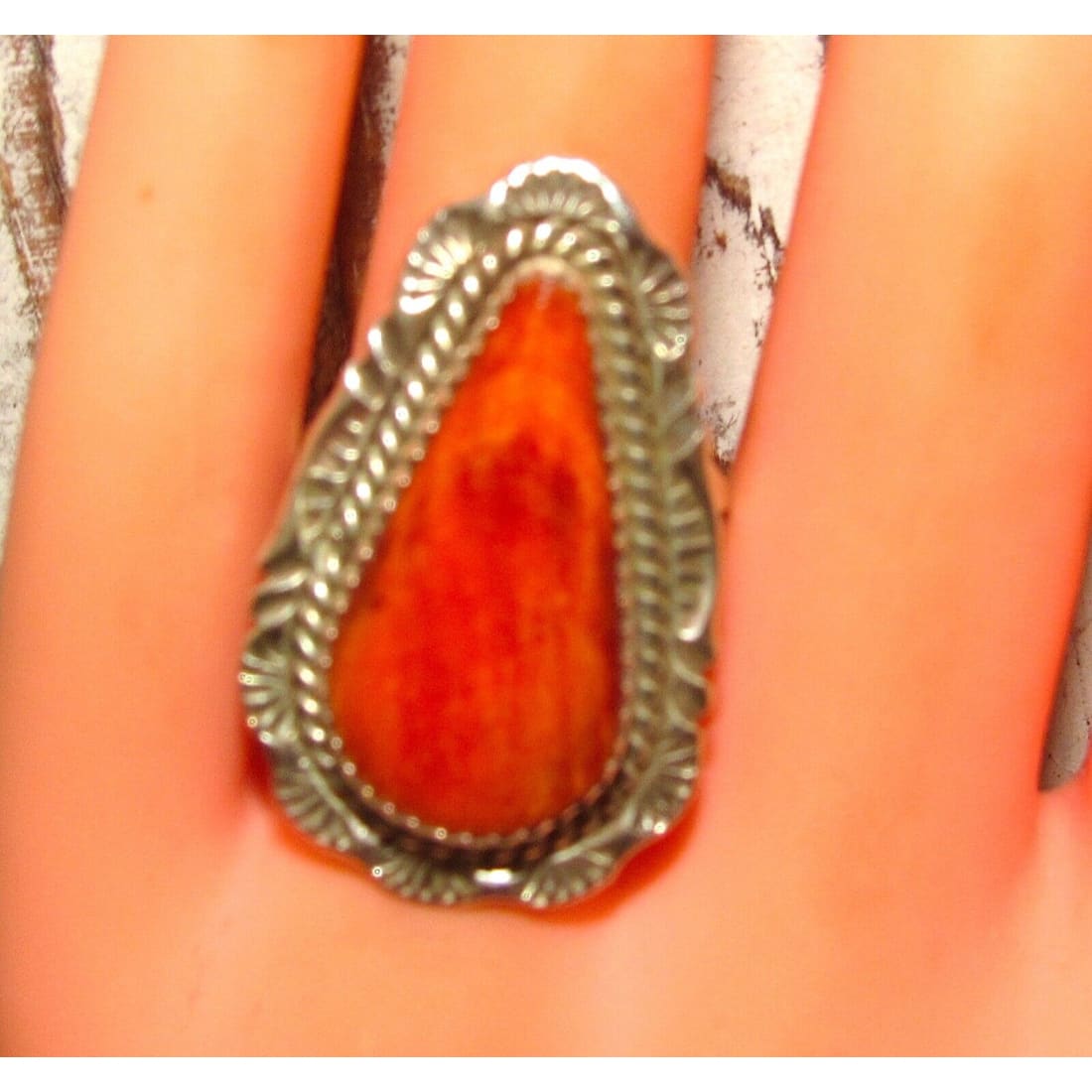 Navajo Orange Spiny Ring Size 8.5 Sterling Silver Native 