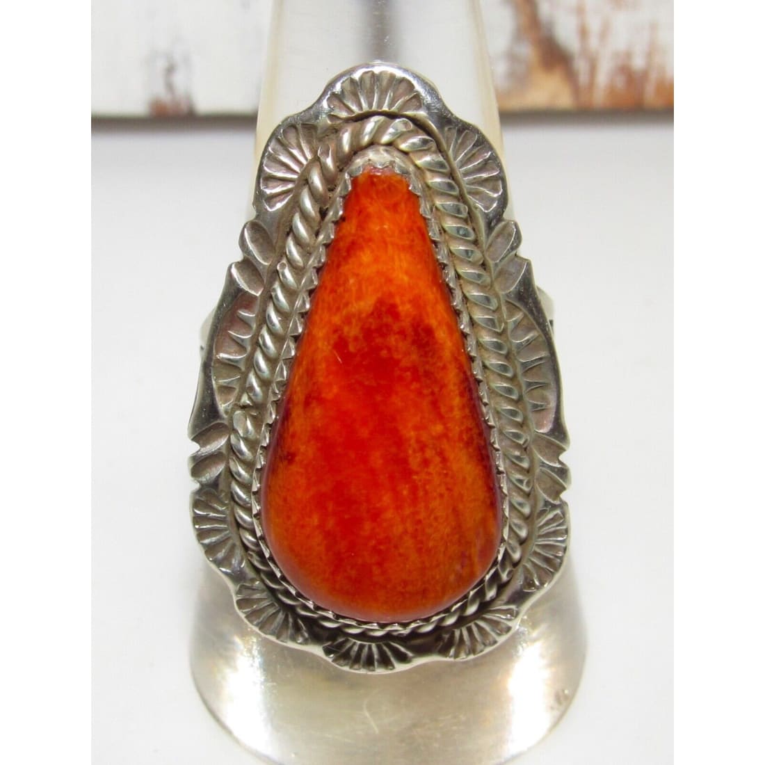 Navajo Orange Spiny Ring Size 8.5 Sterling Silver Native 