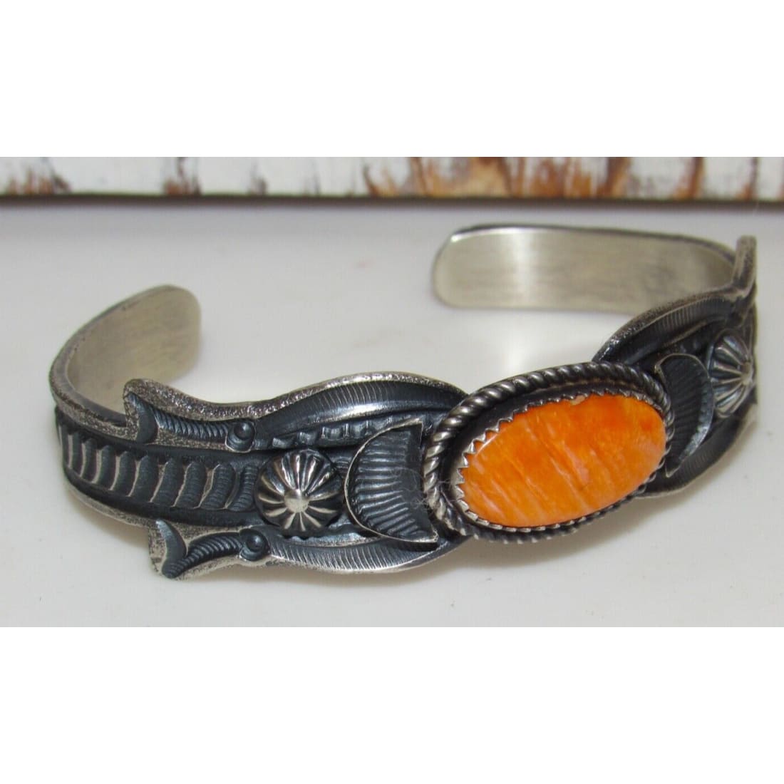 Navajo Orange Spiny Stacker Cuff Bracelet Sand Cast Sterling