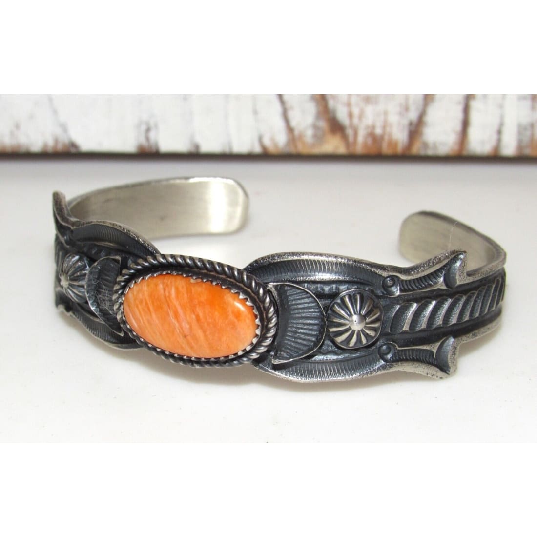 Navajo Orange Spiny Stacker Cuff Bracelet Sand Cast Sterling
