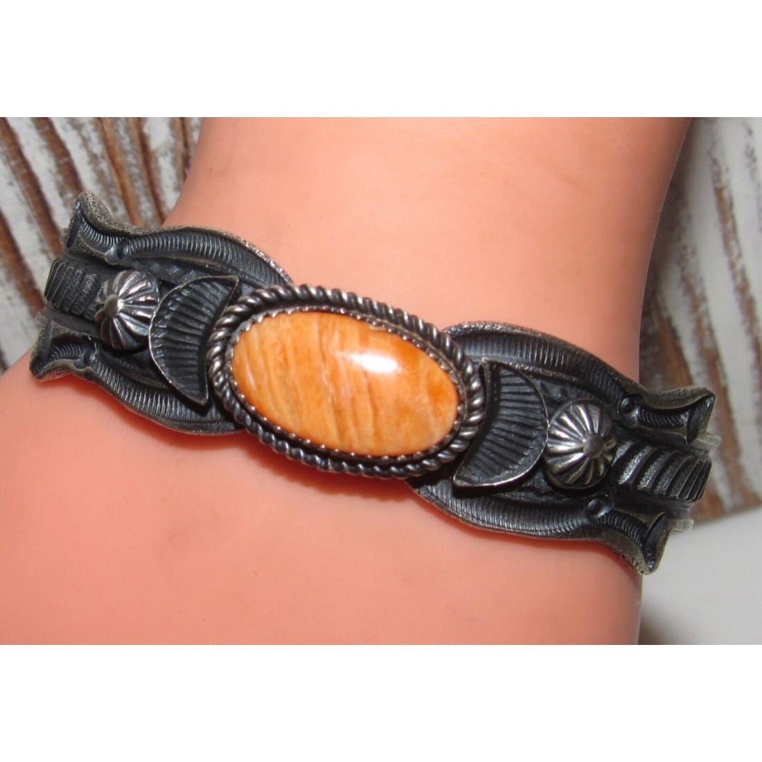 Navajo Orange Spiny Stacker Cuff Bracelet Sand Cast Sterling