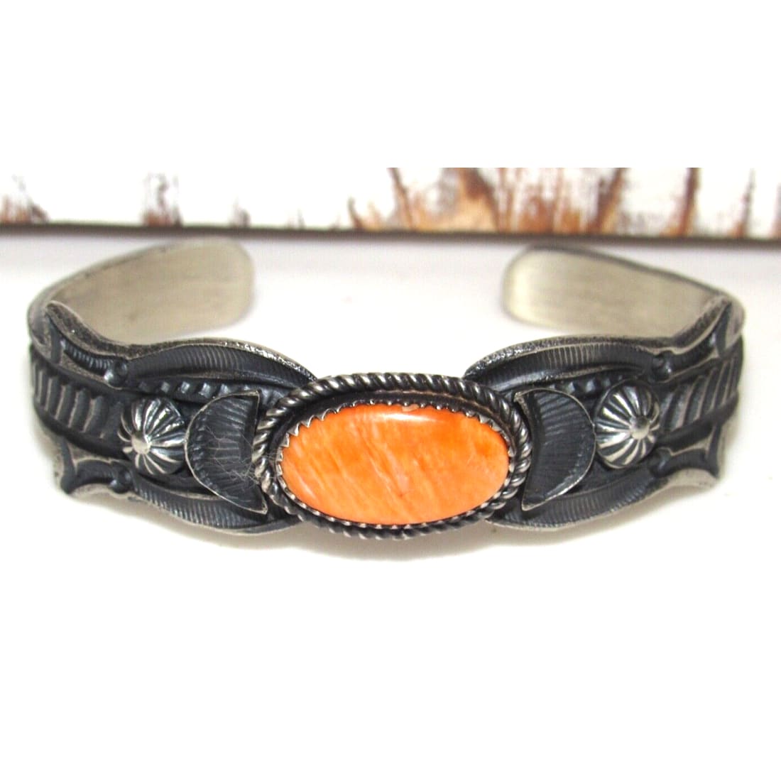 Navajo Orange Spiny Stacker Cuff Bracelet Sand Cast Sterling
