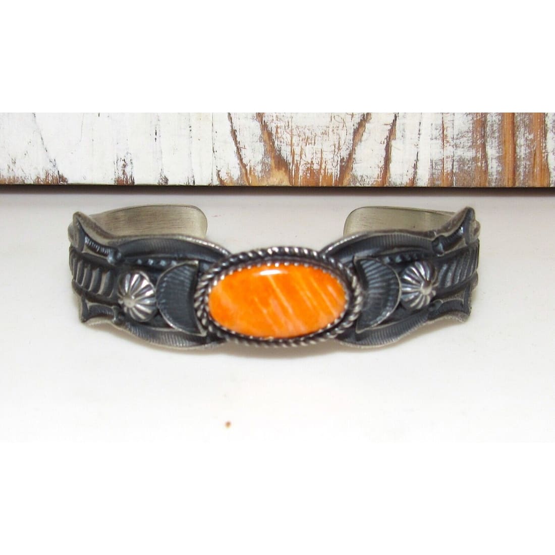 Navajo Orange Spiny Stacker Cuff Bracelet Sand Cast Sterling