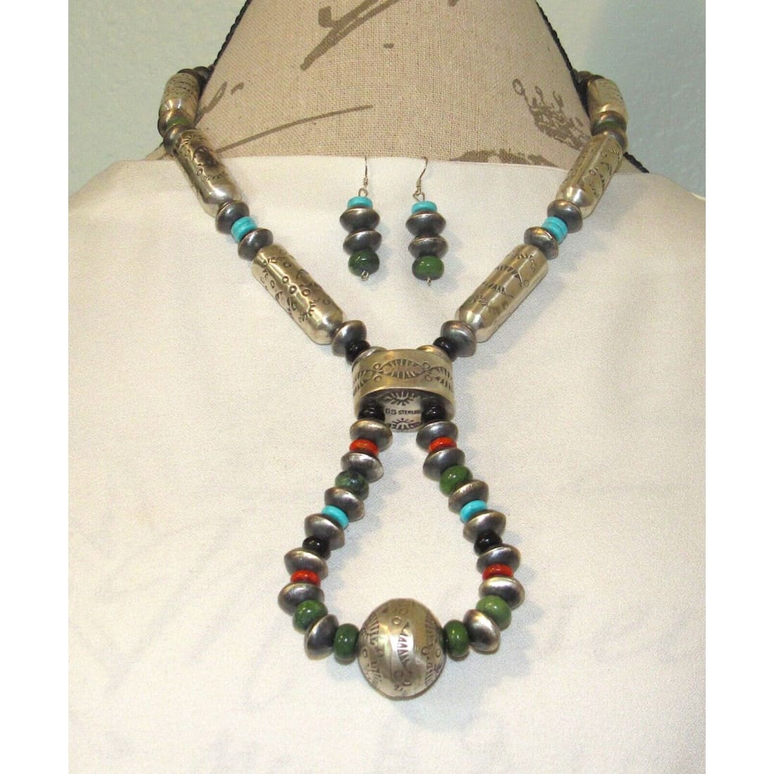 Navajo Pearls Necklace & Earrings Set Sterling Silver Barrel