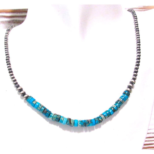 Navajo Pearls Necklace Sterling Silver Kingman Turquoise 