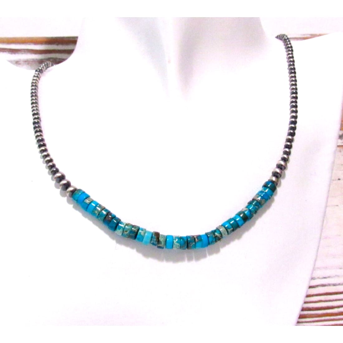 Navajo Pearls Necklace Sterling Silver Kingman Turquoise 