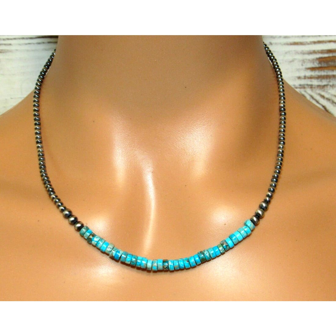 Navajo Pearls Necklace Sterling Silver Kingman Turquoise