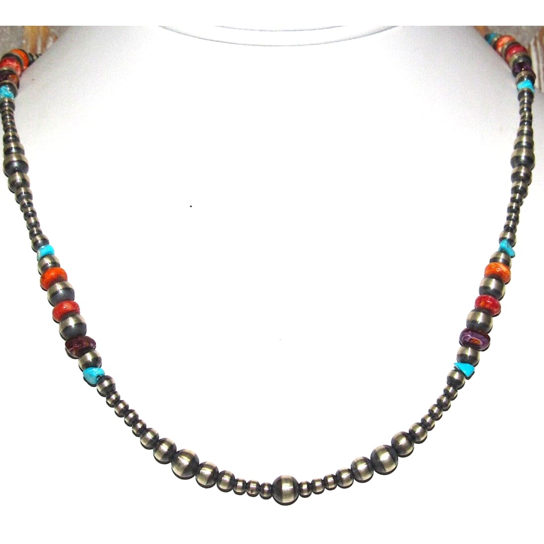 Navajo Pearls Necklace Sterling Silver Turquoise Orange 