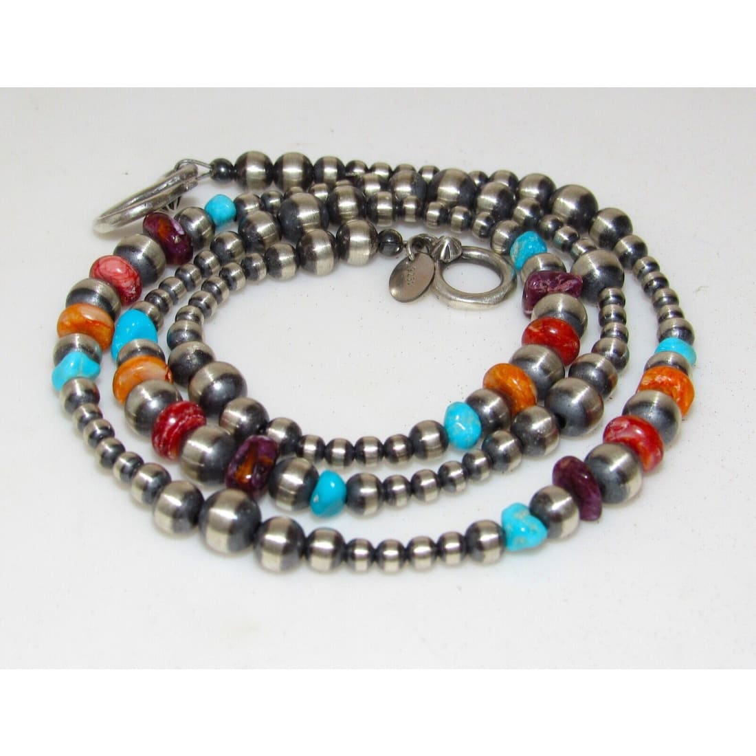Navajo Pearls Necklace Sterling Silver Turquoise Orange 