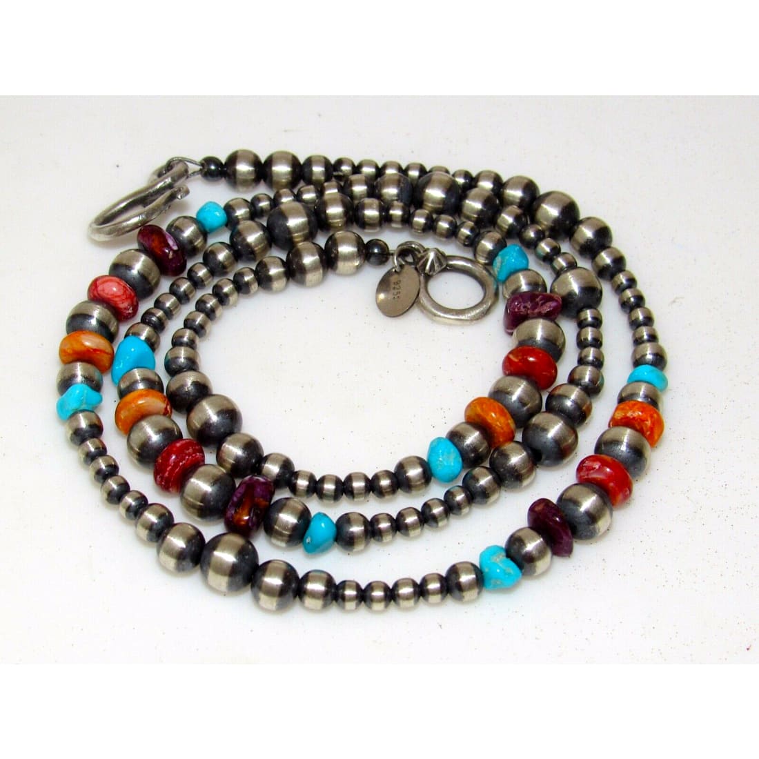 Navajo Pearls Necklace Sterling Silver Turquoise Orange 
