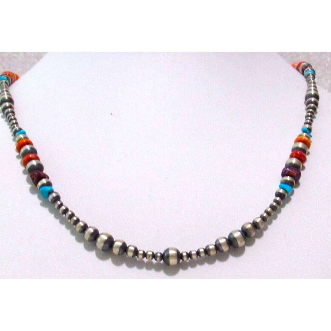 Navajo Pearls Necklace Sterling Silver Turquoise Orange 