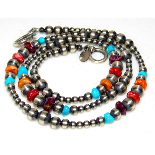 Navajo Pearls Necklace Sterling Silver Turquoise Orange 