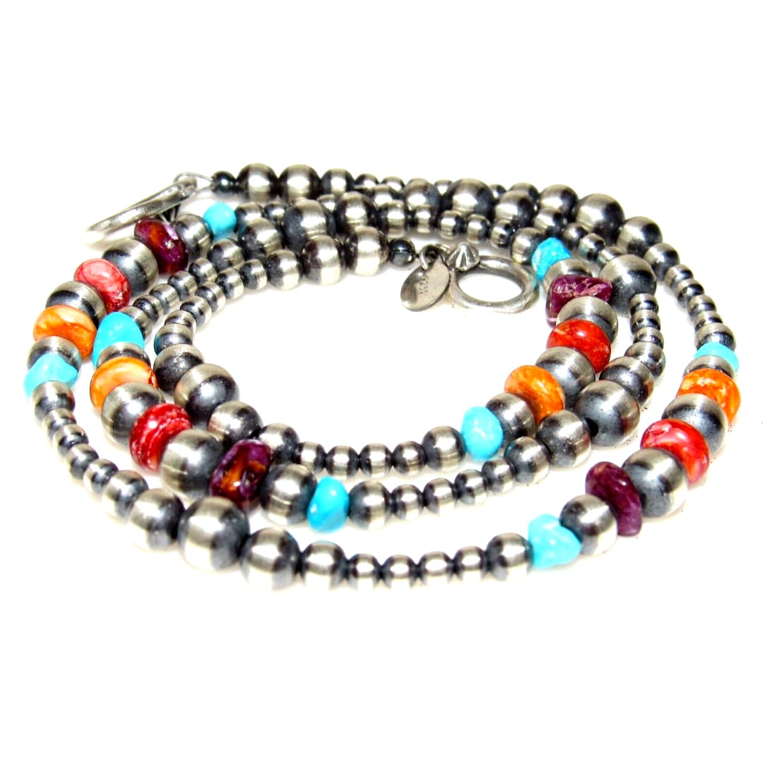 Navajo Pearls Necklace Sterling Silver Turquoise Orange 