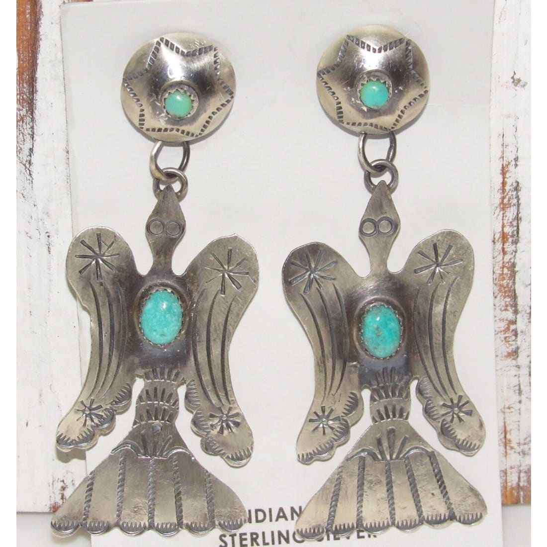 Navajo Peyote Bird Dangle Concho Earrings Royston Turquoise 