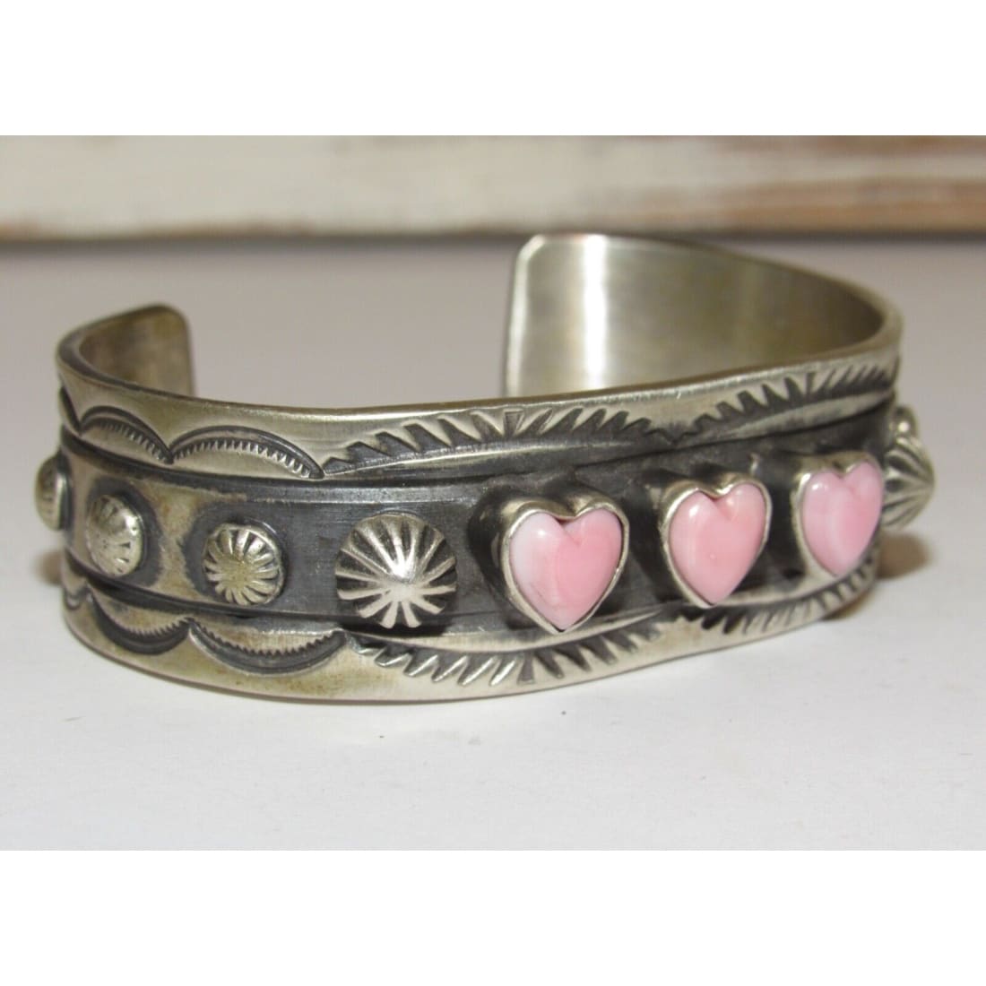 Navajo Pink Heart Shell Stacker Cuff Bracelet Chimney Butte 
