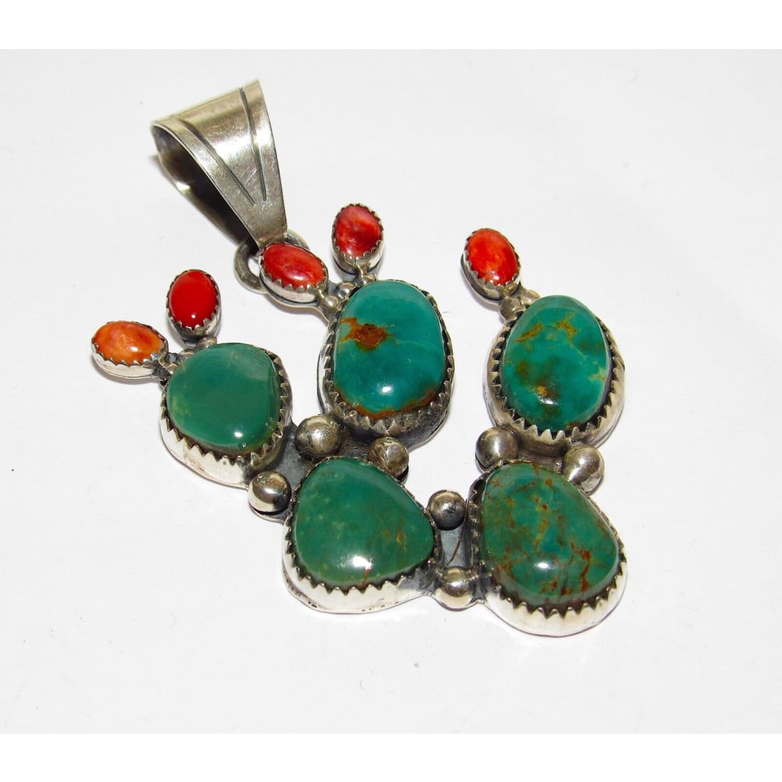 Navajo Prickly Pear Cactus Pendant Sterling Silver Turquoise