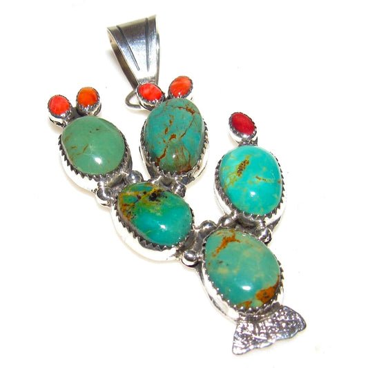 Navajo Prickly Pear Cactus Pendant Sterling Silver Turquoise