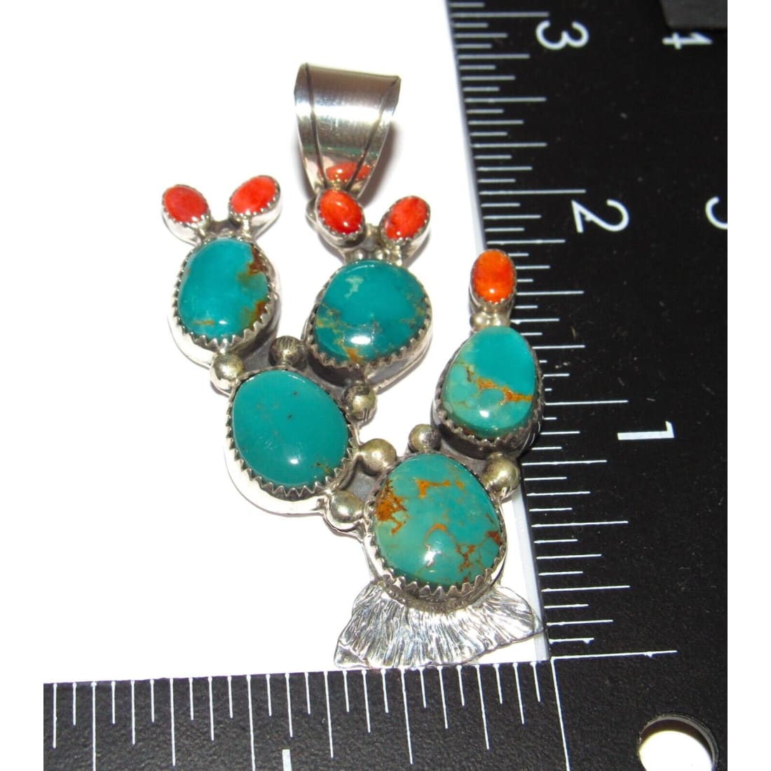 Navajo Prickly Pear Cactus Pendant Sterling Silver Turquoise